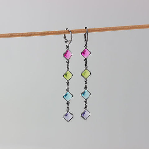 COLORED STONES LONG EARRINGS | Black Rhodium Plated