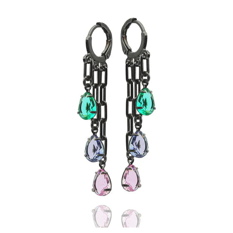 COLORED STONES LONG EARRINGS | Black Rhodium Plated