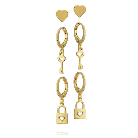 HEART & LOCK TRIO EARRINGS | 18k Gold Filled