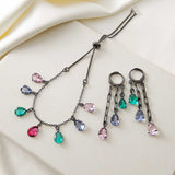 COLORED STONES LONG EARRINGS | Black Rhodium Plated